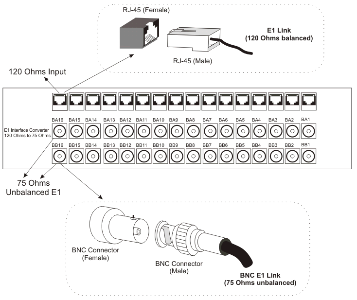 Shelf image: E1 G.703 - 120 Ohms (RJ45) to 75 Ohms (BNC) Converter Balun Panel